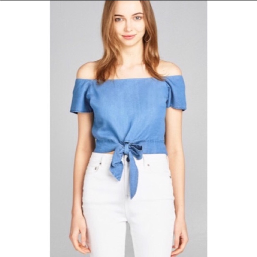 Chambray Off Shoulder Tie Top